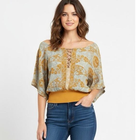 Free People Tops - Free People Blouse Women's Size 6 Yellow Floral Boat Neck Short Sleeve Boho Top